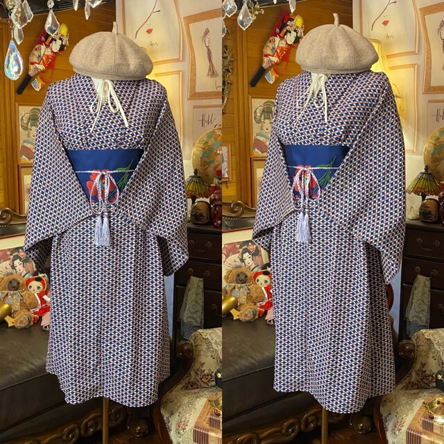 着物リメイクワンピース アンサンブル 名古屋帯サッシュベルト付き 和洋折衷 ハンドメイド レトロ 古着 藍紺×生成り 菱つなぎ小花 aKW-95 着物リメイクワンピース アンサンブル 名古屋帯サッシュベルト付き