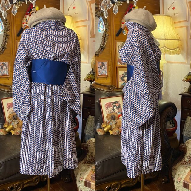 着物リメイクワンピース アンサンブル 名古屋帯サッシュベルト付き 和洋折衷 ハンドメイド レトロ 古着 藍紺×生成り 菱つなぎ小花 aKW-95 着物リメイクワンピース アンサンブル 名古屋帯サッシュベルト付き