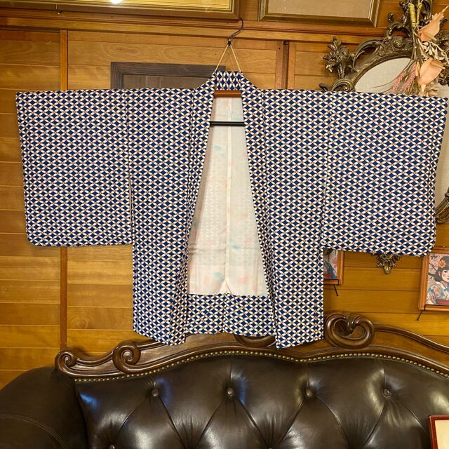 着物リメイクワンピース アンサンブル 名古屋帯サッシュベルト付き 和洋折衷 ハンドメイド レトロ 古着 藍紺×生成り 菱つなぎ小花 aKW-95 着物リメイクワンピース アンサンブル 名古屋帯サッシュベルト付き