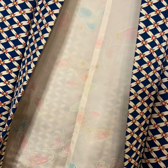 着物リメイクワンピース アンサンブル 名古屋帯サッシュベルト付き 和洋折衷 ハンドメイド レトロ 古着 藍紺×生成り 菱つなぎ小花 aKW-95 着物リメイクワンピース アンサンブル 名古屋帯サッシュベルト付き