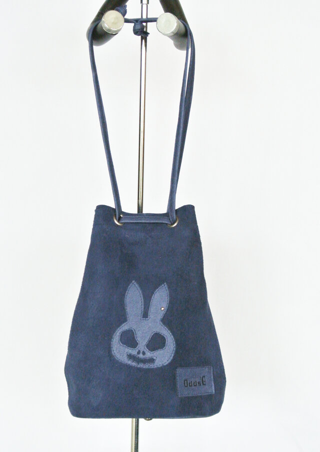 うさぎスカル、スエード丸底巾着。