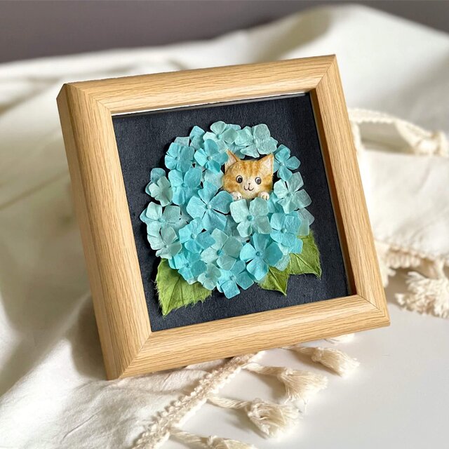 ［原画］和紙ちぎり絵『紫陽花とネコ』梅雨を彩る水色の花｜母の日にもおすすめの卓上アートフレーム