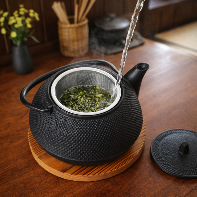 南部鉄器 鉄瓶兼用急須 5型新アラレ0.65L 茶漉し付 黒焼付仕上 日本製
