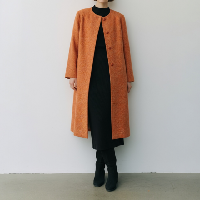ノーカラー　コート【送料込み】着物リメイク　裏地付き　オレンジ