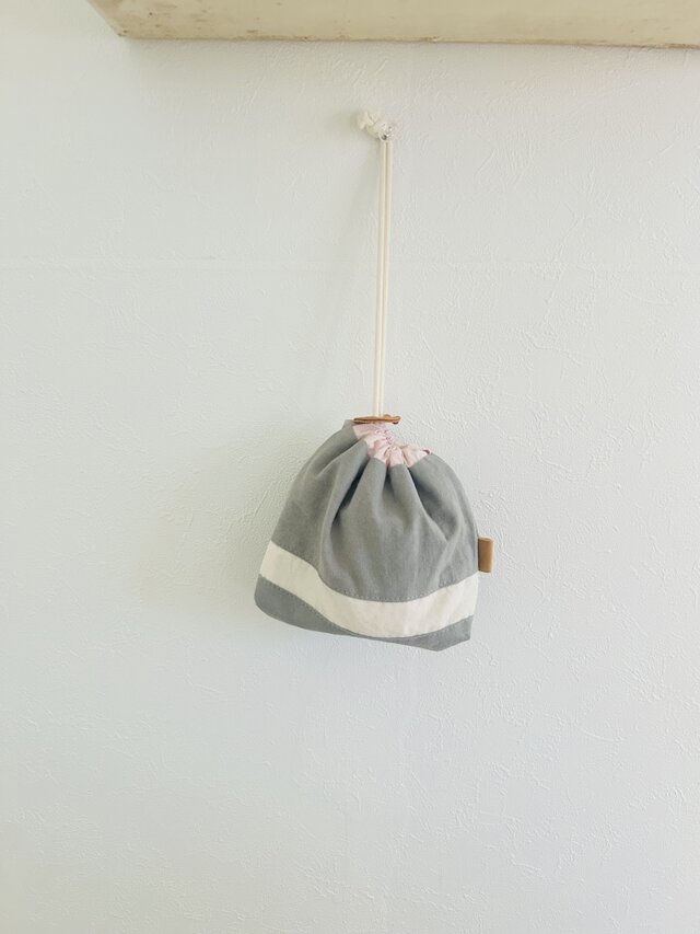 天日干しコットンの巾着袋　グレー+ピンク