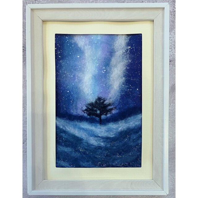 キラキラ星空の一つの木｜キラキラ光るアート｜和紙ちぎり絵