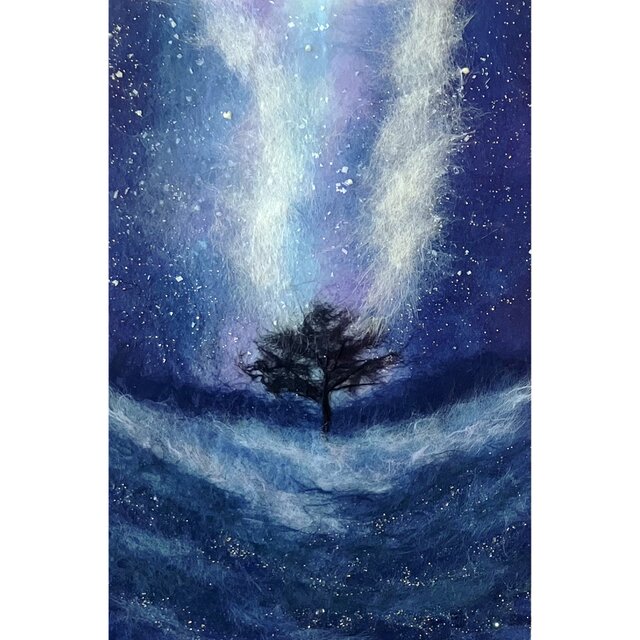 キラキラ星空の一つの木｜キラキラ光るアート｜和紙ちぎり絵 原画