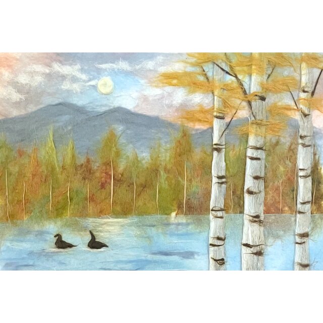 秋の湖畔の水鳥｜キラキラ光るアート｜和紙ちぎり絵 原画 | iichi 日々