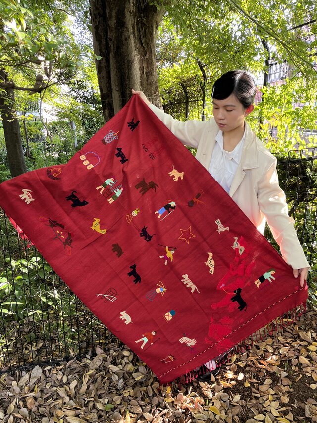 ミャンマー・チン族手刺繍布【レッド】Lot.6