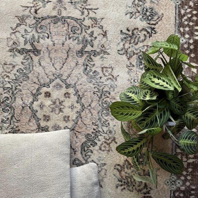 花と果実／114×216 グリーン　ブラウン　メダリオン　トルコヴィンテージラグ 120×208 花や実 王道メダリオン オリジナル トルコヴィンテージ