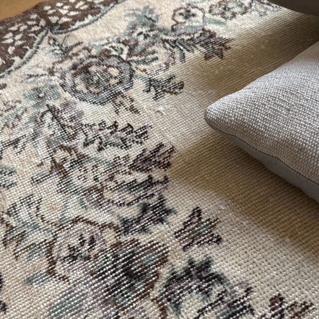 花と果実／114×216 グリーン　ブラウン　メダリオン　トルコヴィンテージラグ 120×208 花や実 王道メダリオン オリジナル トルコヴィンテージ