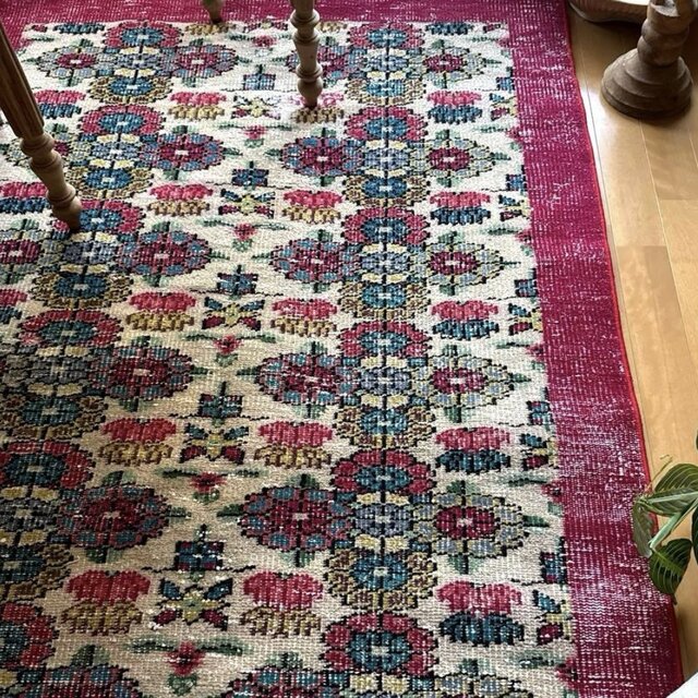 109×201 レアラズベリー ボタニカル 擦れシャビー トルコヴィンテージ