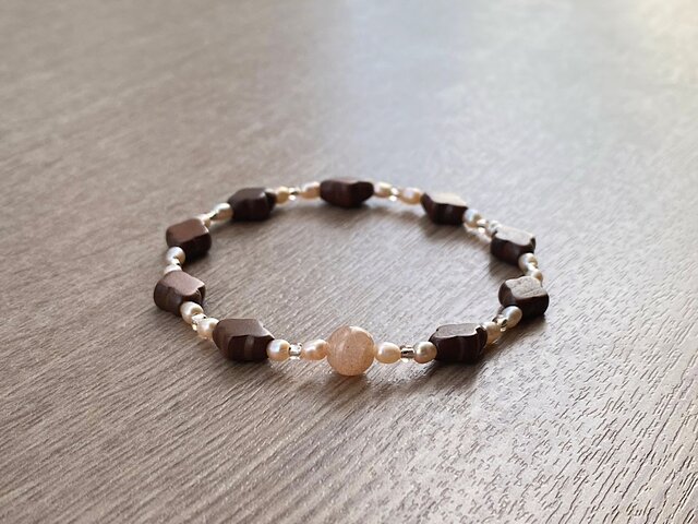 オレンジムーンストーン 天然石 ヴィンテージ ウッドビーズ パール