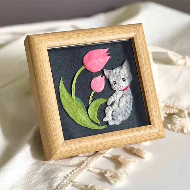 ［原画］和紙ちぎり絵『チューリップとネコ』入園・卒園ギフト、母の日にもおすすめのミニ額縁アート