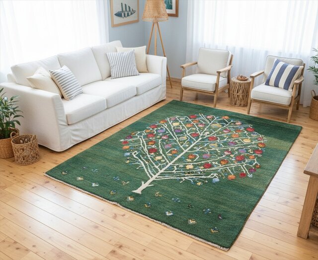 ペルシャ ギャッベ リビング ラグ 200x155cm ザクロの木 緑色