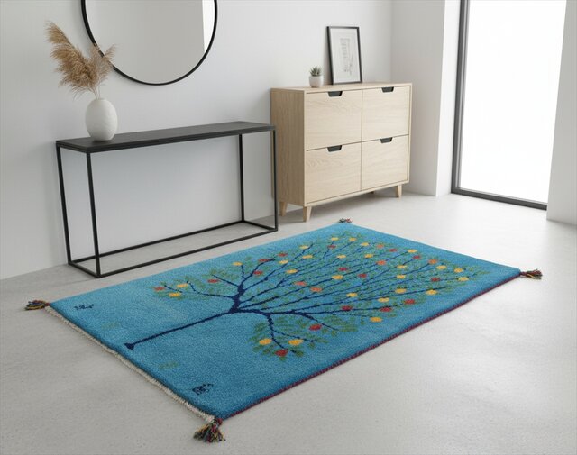 ペルシャ ギャッベ マット大 ラグ 118x80cm 水色 生命の木 RJ15330