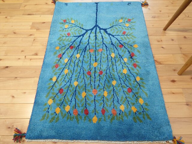 ペルシャ ギャッベ マット大 ラグ 118x80cm 水色 生命の木 RJ15330