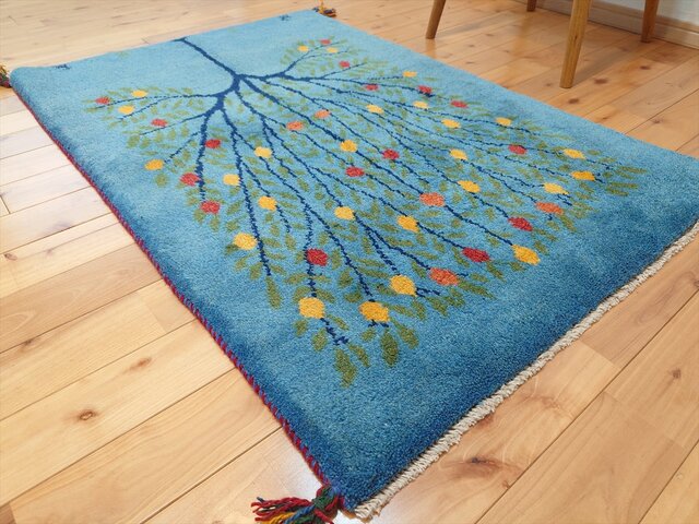 ペルシャ ギャッベ マット大 ラグ 118x80cm 水色 生命の木 RJ15330