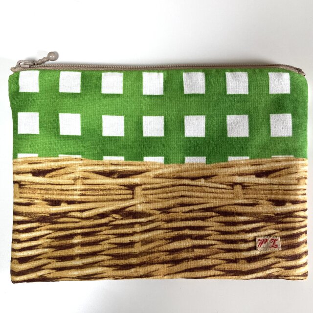バスケット柄のポーチ(ペンケース)*グリーン