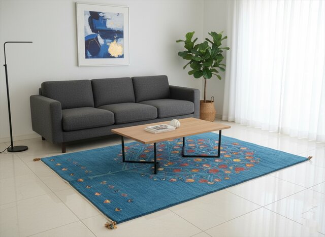 ペルシャ ギャッベ リビング ラグ 200x150cm 青色 ザクロの木 RJ9448