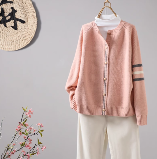 【受注】綿.編み ラウンドネックカーディガン ストライプ シングルブレスト ゆったり 春 秋 ベーシック