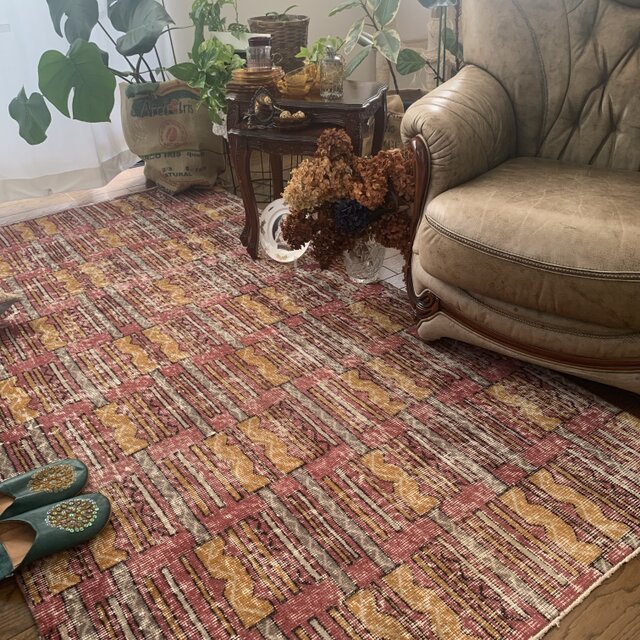 130×184 擦れシャビー サーモン 草花ボタニカル トルコヴィンテージ