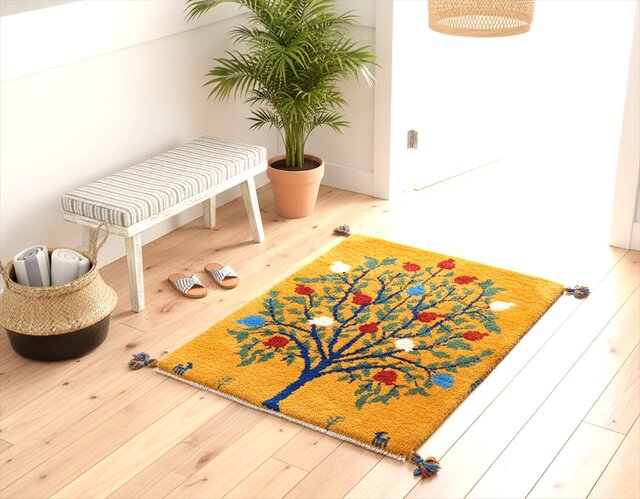 ペルシャ ギャッベ 玄関マット ラグ 85x60㎝ 黄金色 ザクロの木