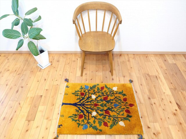 ペルシャ ギャッベ 玄関マット ラグ 85x60㎝ 黄金色 ザクロの木