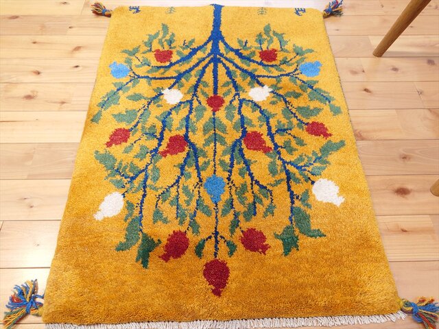 ペルシャ ギャッベ 玄関マット ラグ 85x60㎝ 黄金色 ザクロの木