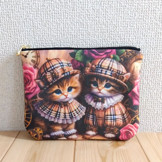 タータンチェックの猫パネル生地 16cmフラットポーチ ポケット付き