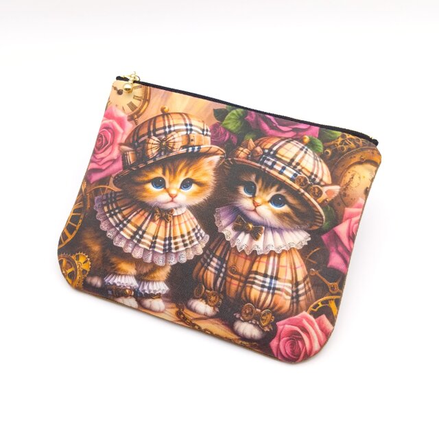 SALE】タータンチェックの猫パネル生地 16cmフラットポーチ ポケット