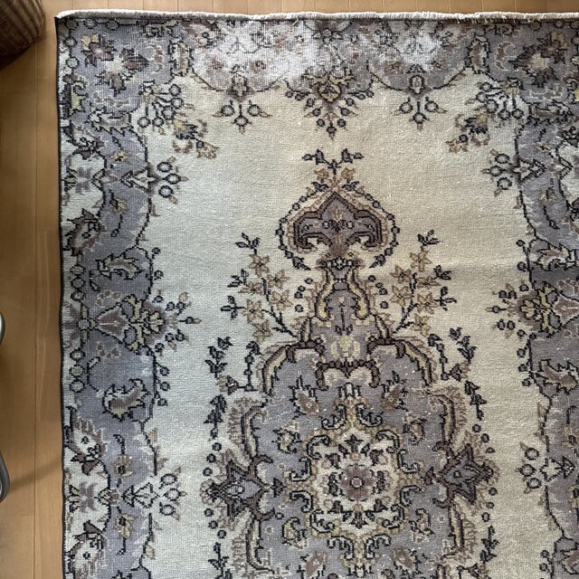 116×207淡いベージュ×ラベンダーグレイ メダリオン トルコヴィンテージ