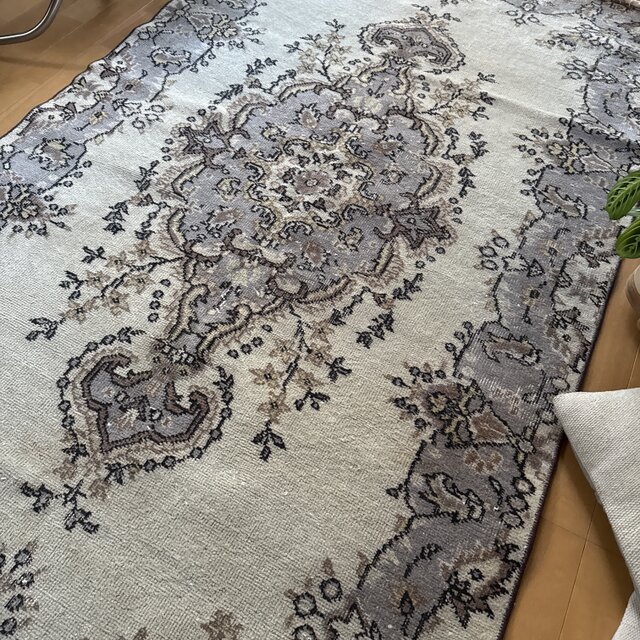 116×207淡いベージュ×ラベンダーグレイ メダリオン トルコヴィンテージ