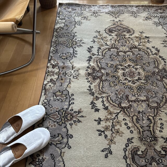 116×207淡いベージュ×ラベンダーグレイ メダリオン トルコヴィンテージ