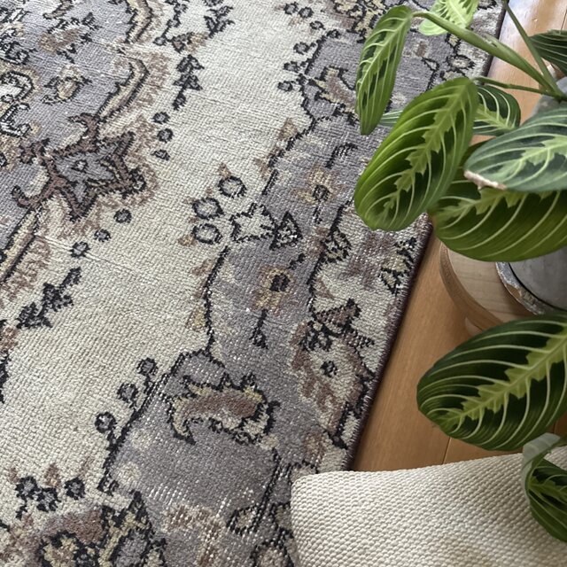 116×207淡いベージュ×ラベンダーグレイ メダリオン トルコヴィンテージ