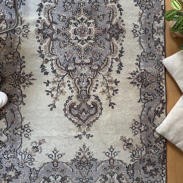 116×207淡いベージュ×ラベンダーグレイ メダリオン トルコヴィンテージ