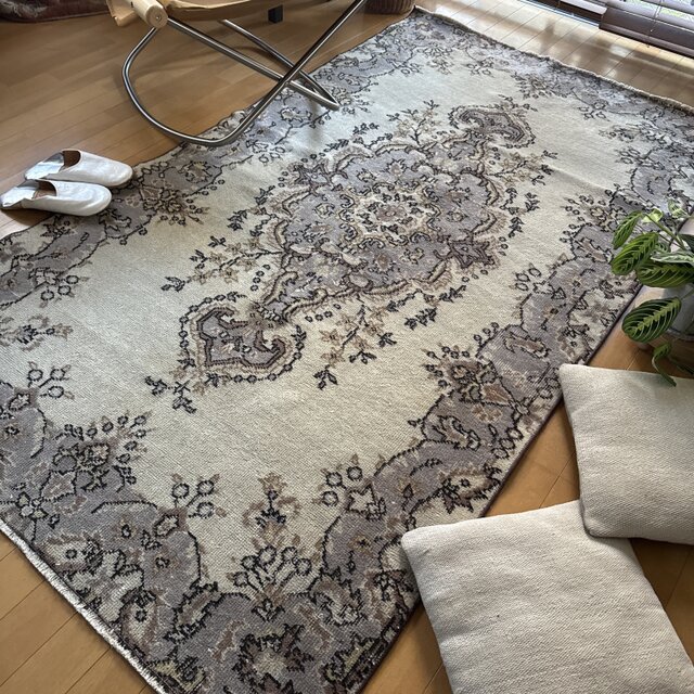 116×207淡いベージュ×ラベンダーグレイ メダリオン トルコヴィンテージ