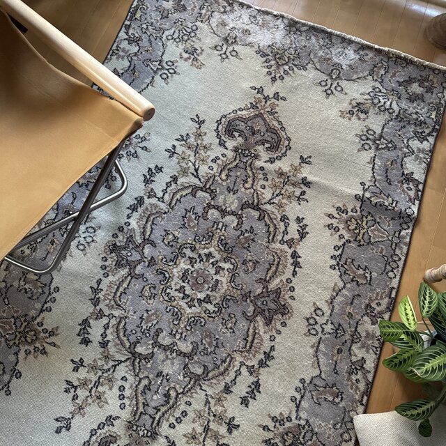 116×207淡いベージュ×ラベンダーグレイ メダリオン トルコヴィンテージ