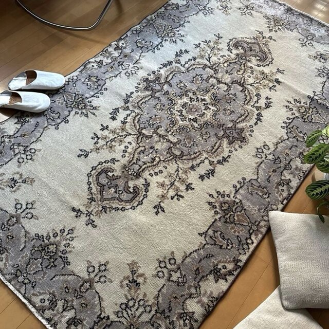 116×207淡いベージュ×ラベンダーグレイ メダリオン トルコヴィンテージ