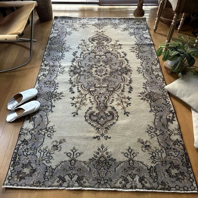 116×207淡いベージュ×ラベンダーグレイ メダリオン トルコヴィンテージ