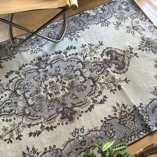 116×207淡いベージュ×ラベンダーグレイ メダリオン トルコヴィンテージ