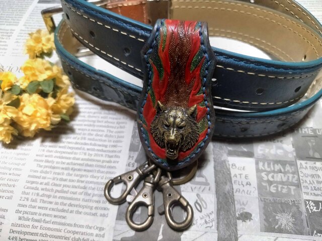 手描き一点物】Wolf キーループ ベルトループ キーホルダー 狼の