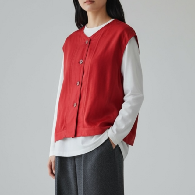 Vネック　ベスト　前開き【送料込み】着物リメイク　レッド
