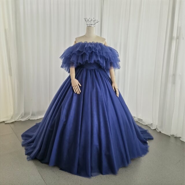 カラードレス ネイビー 取り外しオフショルダー プリンセスライン チュールスカート 編み上げ 披露宴