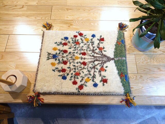 ペルシャ ギャッベ 玄関マット小 ラグ 53.5x42.5cm アイボリー