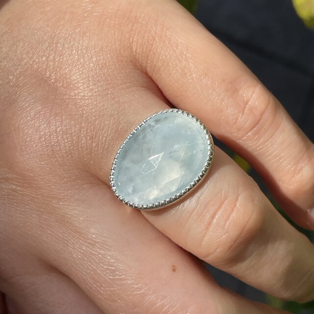 アクアマリン ローズカット8.9ct ミル打ち留め シルバーSV925リング