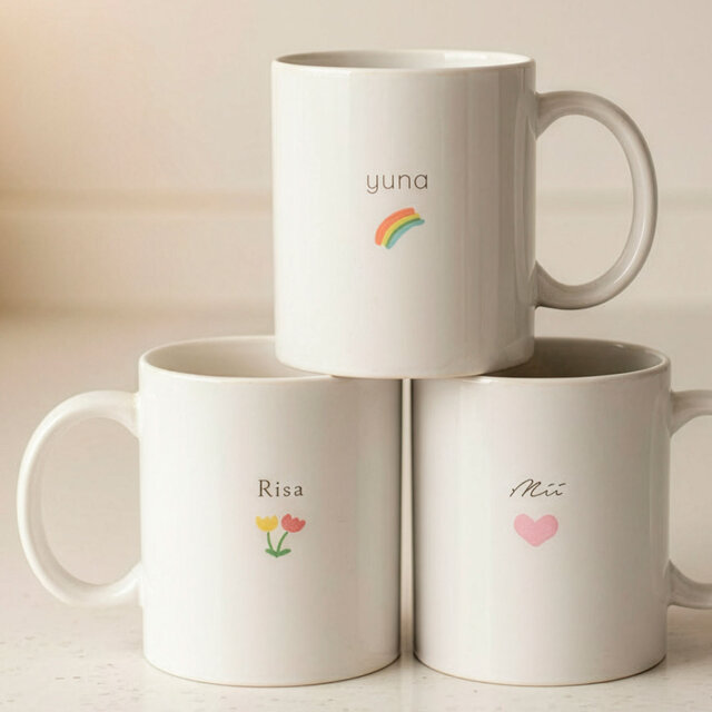 ふんわり25種のイラスト×マグカップ（名入れ可／フルオーダー／両面プリント／陶器製）