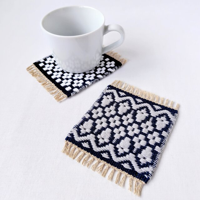 北欧手織り2枚セット：ローゼンゴン織りコースター（small flowers＋medieval flowers）