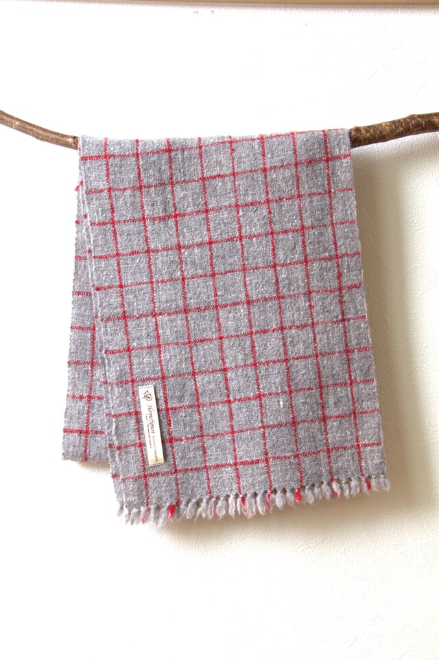 ホームスパンマフラー　グレー・赤格子