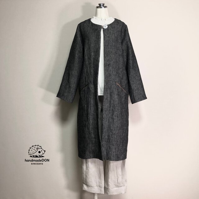 【厚手リネン】リネンのロングコート　猫ポケ◆デニム調ブラック◆フリーサイズ（厚手15番手、リネン100％）